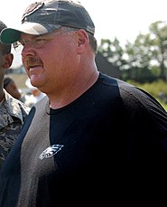 Andy Reid, Eagles head coach from 1999 to 2012, led the Eagles to Super Bowl XXXIX in 2004. Andy Reid 080805-F-9429S-131 crop.jpg