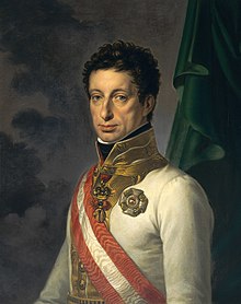 Painting shows a sober-looking curly-haired man in a white military uniform with a red and white sash and a gold collar.