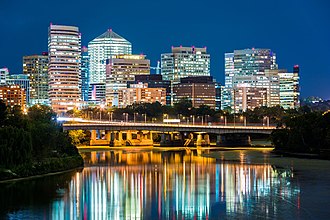 Arlington County, Virginia, pictured at night. The county has no devolved municipal governments, which makes it the most populous unincorporated area in the United States. Arlington From D.C..jpg