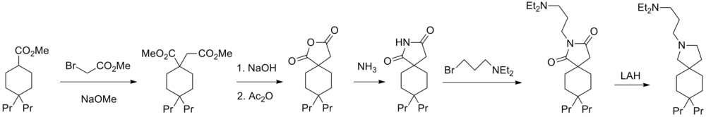 Atiprimod synthesis: Anormed Inc. Dagger, R. E.; Grady, C. W.; 1999, U.S. Patent 5,952,365. Atiprimod.png