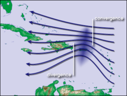 Waves in the trade winds in the Atlantic Ocean--areas of converging winds that move slowly along the same track as the prevailing wind--create instabilities in the atmosphere that may lead to the formation of hurricanes. Atlantic hurricane graphic.png