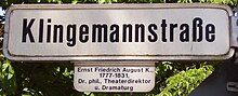 Straßenschild in Braunschweig zur Erinnerung an Ernst Friedrich August Klingemann (Quelle: Wikimedia)