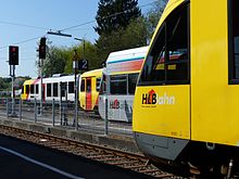 Vier HLB-Triebwagen im Bahnhof Westerburg
