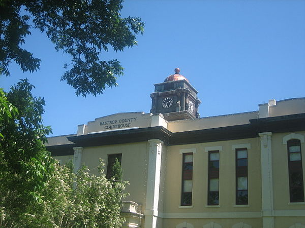 Closeup view of the Bastrop County Courthouse, located across from the Roman Catholic Church in Bastrop