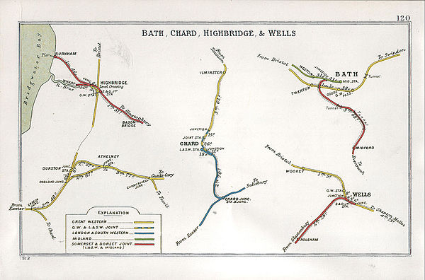 A 1912 Railway Clearing House Junction Diagram showing (centre) railways in the vicinity of Chard Junction (lower centre)