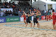 Deutsch: Beachhandball Europameisterschaften 2019 (Beach handball Euro); Tag 6: 7. Juli 2019 – Spiel um Platz Drei, Männer, Ungarn-Russland 2:0 (26:20, 23:22) English: Beach handball Euro; Day 6: 7 July 2019 – Men's Bronze Medal Match – Hungary-Russia 2:0 (26:20, 23:22)