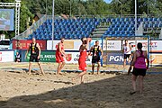 Deutsch: Beachhandball Europameisterschaften 2019 (Beach handball Euro); Tag 1: 2. Juli 2019 – Männer, Vorrunde Gruppe D, Polen-Schweden 2:1 (18:10, 15:9; 8:6) English: Beach handball Euro; Day 1: 2 July 2019 – Men Preliminary Round Group D – Poland-Sweden 2:1 (18:10, 15:9; 8:6)