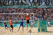 Deutsch: Beachvolleyball bei den Olympischen Jugendspielen 2018; Tag 11, 17. Oktober 2018; Jungen,Finale – Niederlande (Matthew Immers/Yorick de Groot)-Schweden (David Åhman/Jonatan Hellvig) 0:2 (20–22/15–21) English: Beach volleyball at the 2018 Summer Youth Olympics at 17 October 2018 – Final – Netherlands (Matthew Immers/Yorick de Groot)-Sweden (David Åhman/Jonatan Hellvig) 0:2 (20–22/15–21)