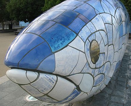 Scales on the "Big Fish" or "Salmon of Knowledge" celebrates the return of fish to the River Lagan