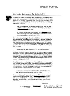 <span class="mw-page-title-main">Bin Ladin Determined To Strike in US</span> August 6, 2001 intelligence memo