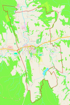 Mapa konturowa Bircza, w centrum znajduje się punkt z opisem „Parafiaśw. Stanisława Kostkiw Birczy”