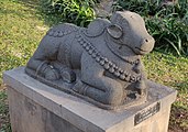 Pictured clicked in Birla Science Museum, Hyderabad. The stone sculptures are kept outside, open air within the Birla museum complex.Title: NandiProvenance: Nalgonda district