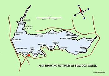 Kart over Blagdon Lake som viser bemerkelsesverdige bankfunksjoner