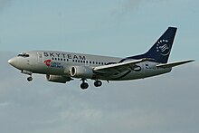 Czech Airlines Boeing 737-500 in SkyTeam special livery in 2012. Boeing 737-55S OK-XGE CSA (8228454556).jpg