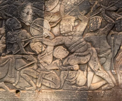 Ground technique: leg grab and spear attack from the ground. Bas-relief at Bayon temple(12th/13th century)