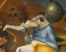 Bosch, Hieronymus - Il Giardino delle Delizie, pannello di destra - Dettaglio Mostro dalla testa di uccello o Principe dell'Inferno - Testa ravvicinata (in basso a destra).jpg