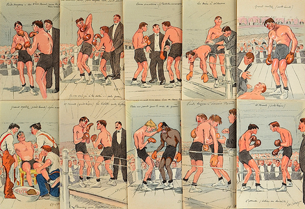 Boxeurs, série de dix cartes postales humoristiques, éd. AS Paris, années 1920.