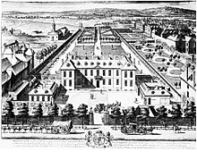 Burlington House in the 1690s. The line of Cork Street runs away from the back of the house on the left side. Burlington House 1698-99.jpg