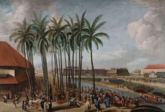 Batavia, capital of the Dutch East Indies, with citadel in the background. COLLECTIE TROPENMUSEUM Olieverfschilderij voorstellende het Kasteel Batavia gezien van Kali Besar west met op de voorgrond de vismarkt TMnr 118-167.jpg
