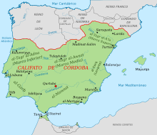 Mapo de la Kaliflando de Kordovo okupante plej grandan parton de Iberio