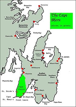 Cape Shore (in green), on the southeastern shore of Placentia Bay and the southwestern shore of St. Mary's Bay. St. John's, the provincial capital, is approximately 160 km to the northeast CapeShore.JPG