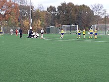 A team in white is playing a team in yellow and blue - a player on the white team is down injured