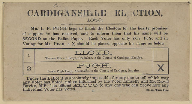 Information circulated by the campaign of Lewis Pugh Pugh, a candidate at the 1880 general election in Cardiganshire (now known as Ceredigion), explai