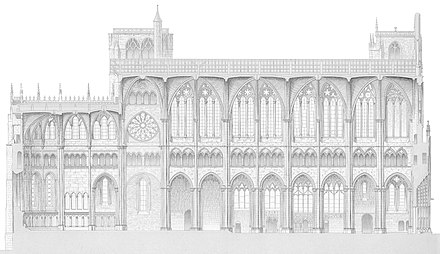 Gravure en noir et blanc montrant un édifice religieux à deux étages, orné de voutes.