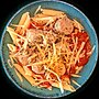 Thumbnail for File:Chicken sausage and tomato sauce on penne, with cheddar cheese and black pepper - Massachusetts.jpg