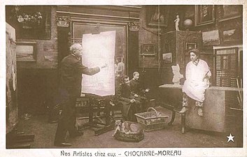 Le peintre dans son atelier avec des modèles.