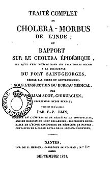 Tittelside til "Komplett traktat av kolera Morbus i India", med omtale av oversettelse av FP Blin, lege ved University of Medicine i Montpellier, tidligere overlege i væpnede styrker osv.