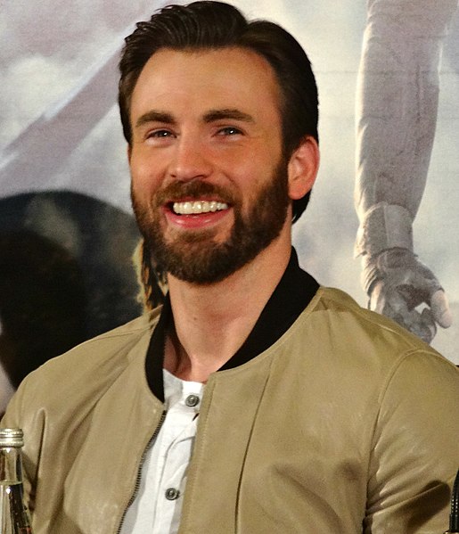 Evans at a press conference for Captain America: The Winter Soldier in 2014
