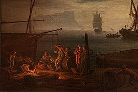 Claude joseph vernet, notturno, scena sulla costa mediterranea con pescatori e barche, 1753, 02 pentolone su falò.jpg