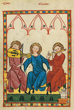Folio du Codex Manesse : Der Kanzler. Peint vers 1310 pour la famille Manesse de Zurich. Bibliothèque de l'université de Heidelberg, Cod. Pal. germ. 848, fol. 423v.