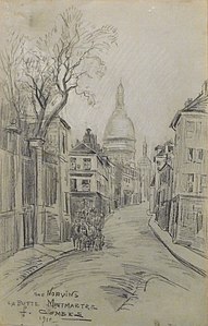 La Butte Montmartre, rue Norvins, fusain, 1910.