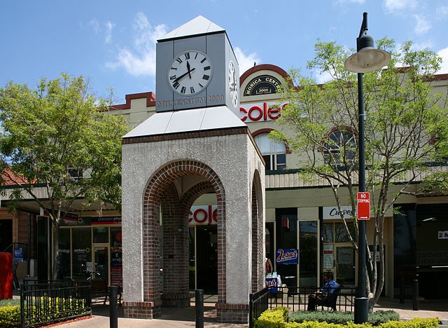 Clocktower entrance to the "Monica Centre" shopping arcade on Majors Bay Road