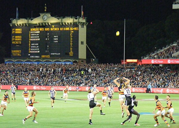 Players competing in a marking contest during Showdown 53 at Adelaide Oval.