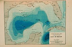 Contour map of Gulf of Mexico as sounded by the C&GS Steamer Blake between 1873 and 1875. Over 3,000 soundings went into this chart, most of the deep water soundings taken by the Sigsbee Sounding Machine. This was the first realistic bathymetric map of any oceanic basin. In: "Three Cruises of the BLAKE" by Alexander Agassiz, 1888. P. 102. Contour map of Gulf of Mexico 1888.jpg