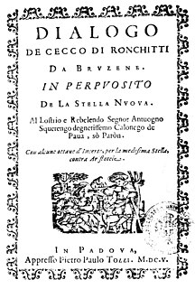 <i>Dialogo de Cecco di Ronchitti da Bruzene in perpuosito de la stella Nuova</i> book by Galileo Galilei