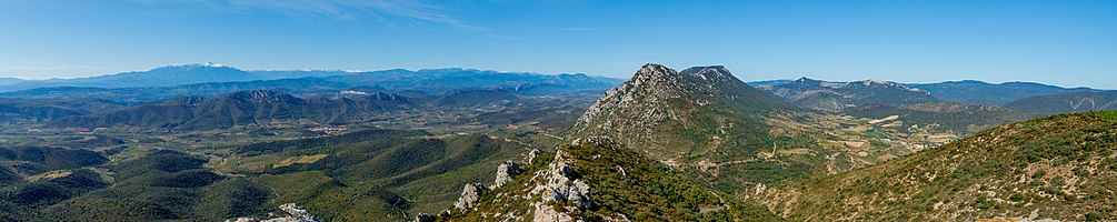 View from the Château de Quéribus on the Corbières Massif with the Peyrepertuse castle and the Pyrenees with the Canigou