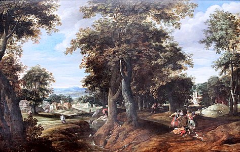 Paysage boisé avec le bon samaritain, huile sur panneau de bois, vers 1580.