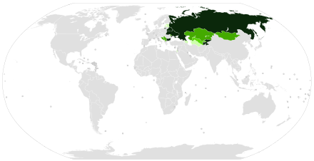 Countries with widespread use of the Cyrillic script:

Sole official script
Co-official with another script (either because the official language is biscriptal, or the state is bilingual)
Being replaced with Latin, but is still in official use
Legacy script for the official language, or large minority use
Cyrillic is not widely used Cyrillic alphabet world distribution.svg