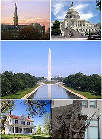 Från överst till vänster: Healy Hall vid Georgetown University, Capitol Building, Washington Monument, Frederick Douglass National Historic Site, African American Civil War Memorial.