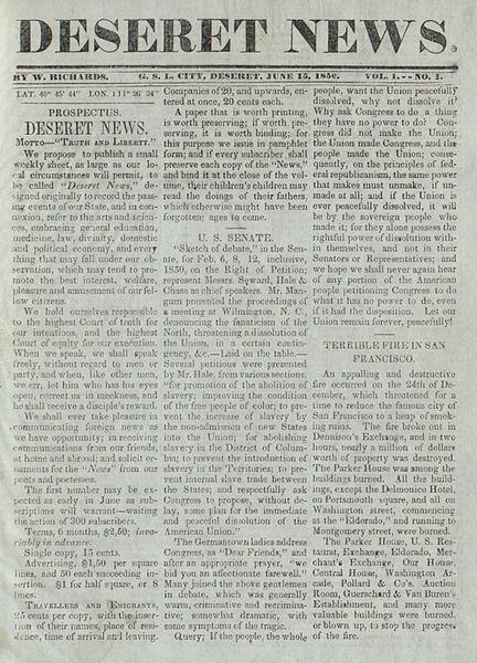 Front page of the first issue of the Deseret News, published June 15, 1850