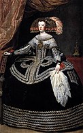 Diego Velázquez:Maria Anna von Österreich als Königin von Spanien, 1652-1653. Um 1650 ist vor allem die spanische Damenmode weit jenseits des übrigen Europas.