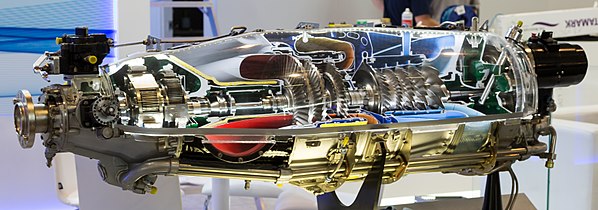 From left to right: propeller mount, reduction gear, exhaust, 2-stage free power turbine, 1-stage gas generator turbine surrounded by the combustor, 1