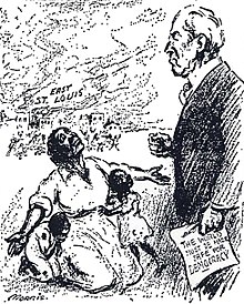 Political cartoon published in New York Evening Mail about the East St. Louis riots of 1917. Original caption reads "Mr. President, why not make America safe for democracy?" East St Louis Massacre cartoon, Morris.jpg