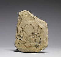 Уламок вапняка (остракон) з начерком рук і голови фараона (портрет Сеті І ?), бл. 1280 р до н.е.