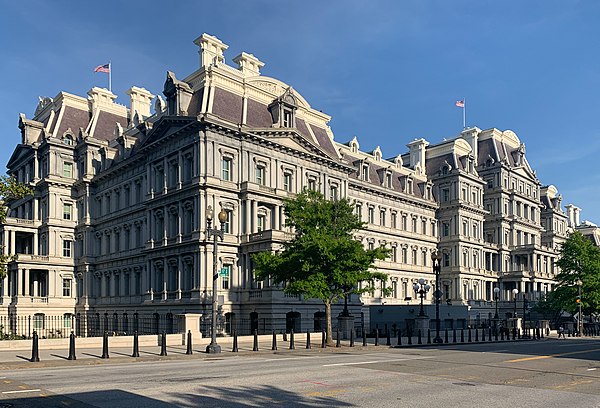 The EEOB from the intersection of Pennsylvania Ave and 17th St. NW, pictured in 2021