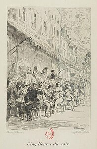 Cinq heures du soir, eau-forte pour les Heures parisiennes d’Alfred Delvau, 1866.